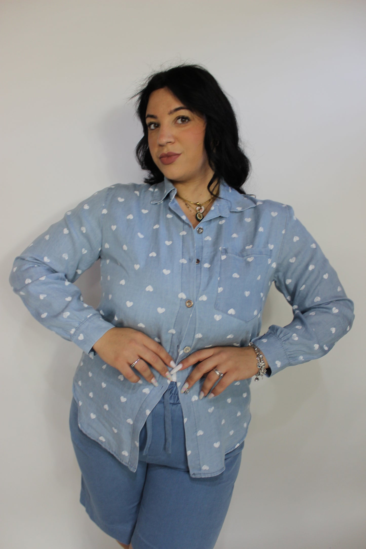 Camicia Cuori Denim Chiaro Oversize