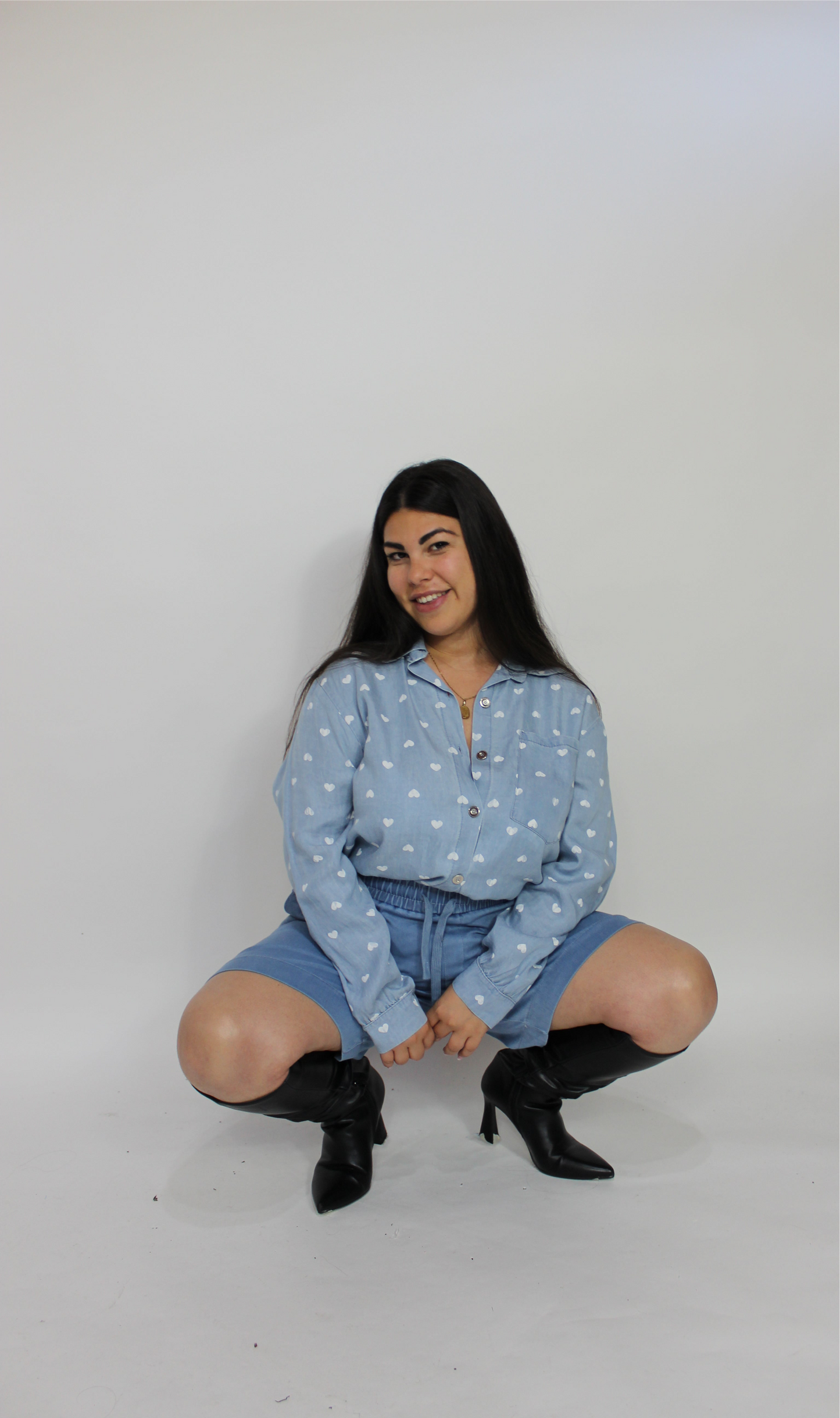 Camicia Cuori Denim Chiaro Oversize