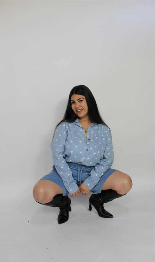 Camicia Cuori Denim Chiaro Oversize